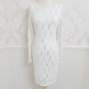 White Sequin Accents Party Cocktail Dress Long Sleeves Scoop Back Juniors Small